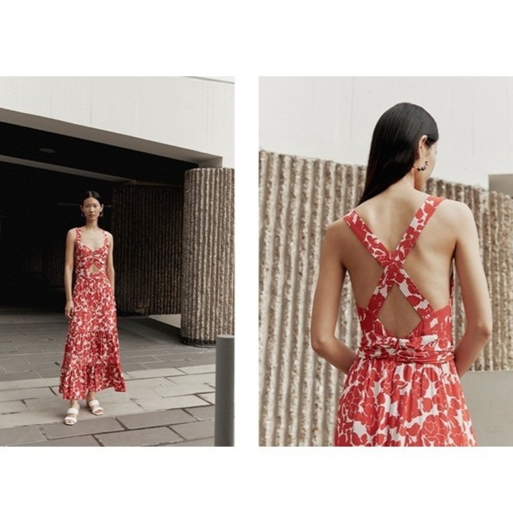 Suncoo Paris Caprice Red Floral Cutout Maxi‎ Dress T2 Medium